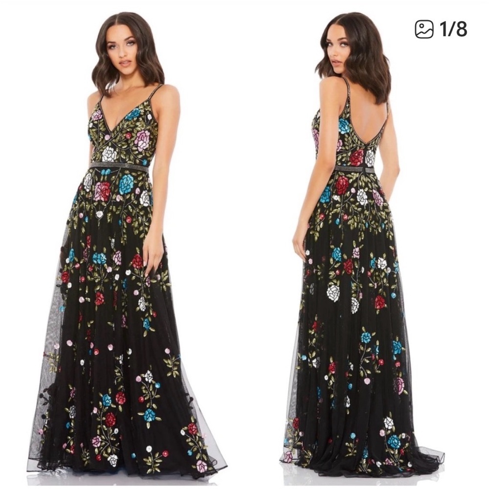 Mac Duggal Black Maxi Dress with Colorful Floral Embroidery